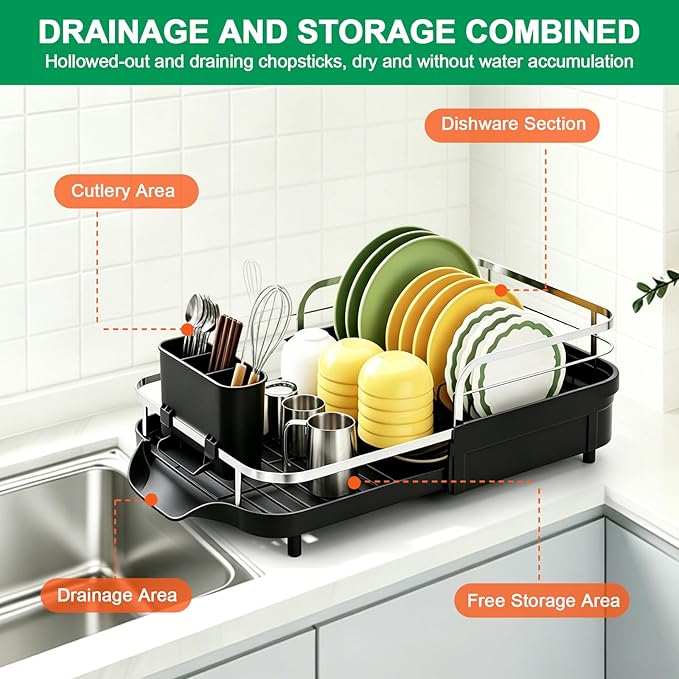Dish Drying Rack for Kitchen Counter, Expandable Dish Drainer with Drainboard Set and Removable Utensil Holder, Space-Saving Countertop Organizer
