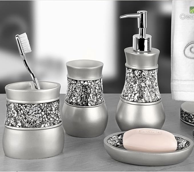 Creative Scents Crackled Glass Silver Bathroom Accessory Set – 4-Piece Vanity Set Includes: Lotion Soap Dispenser, Toothbrush Holder, Tumbler, and Soap Dish