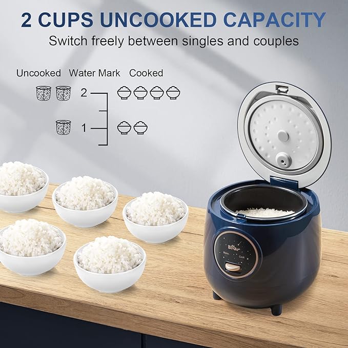 Bear Mini Rice Cooker 2 Cups Uncooked, 1.2L Portable Non-Stick Small Travel Rice Cooker, BPA Free, One Button to Cook and Keep Warm Function, Blue