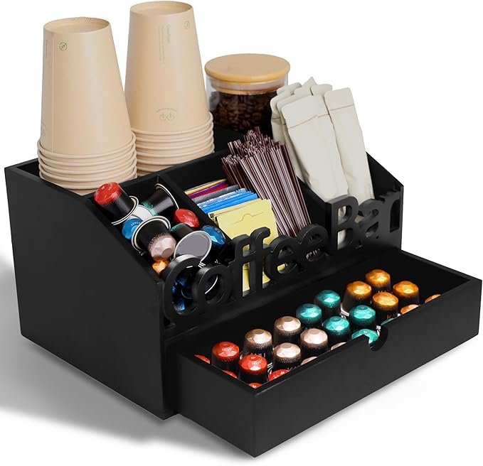 Coffee Bar Organizer for Countertop - Wooden Coffee Organizer Condiment Station, Coffee Station Organizer for Home & Office, K Cup Stand for Counter, Tea Box - Black Drawer Type