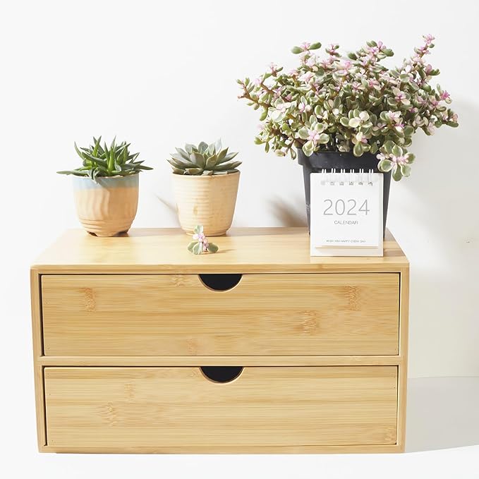 Charmewooden Bamboo Desk Organizer with Drawers, Countertop Organizer with Drawers Makeup Storage Drawer 2 Drawers Tabletop Storage Organization Box Home Office Workspace Bathroom Toiletries Supplies