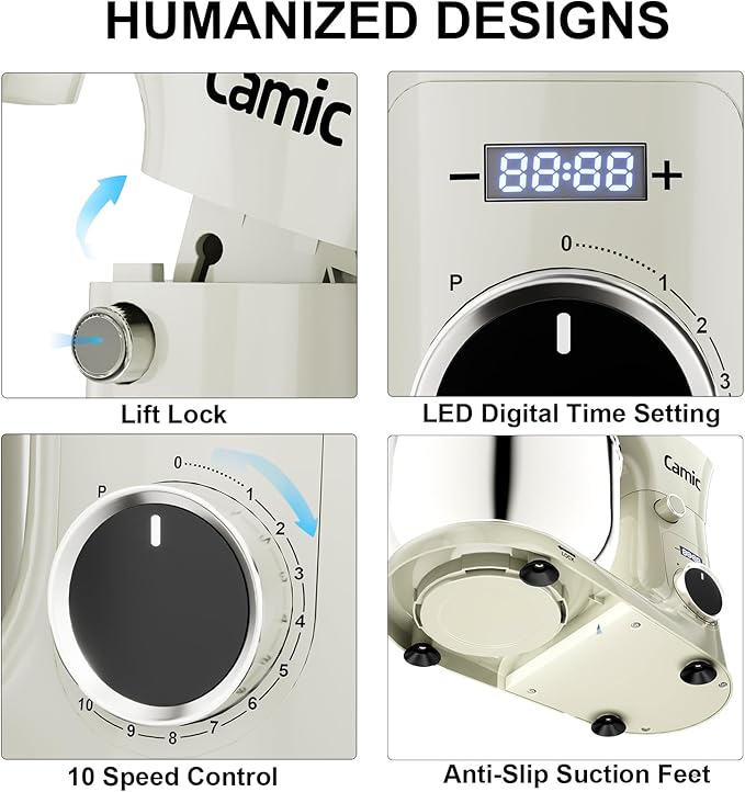 Camic Stand Mixer, 4.2QT+5.3QT Two bowls Electric Food Mixer, 10 Speeds with Digital setting 3-IN-1 Kitchen Mixer for Baking Cakes Cookie Bread Salad with Egg Whisk,Dough Hook,Flat Beater (White)