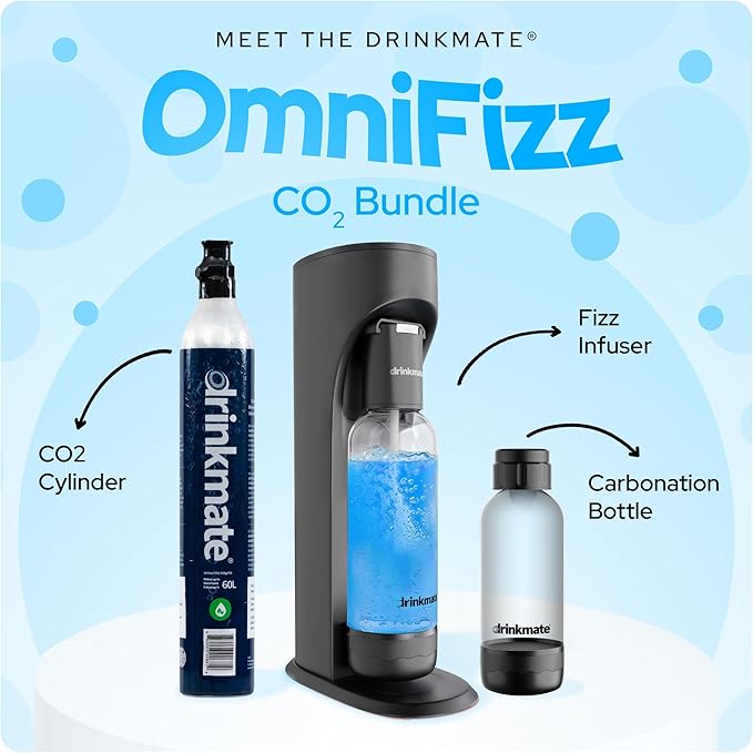 Drinkmate OmniFizz Sparkling Water Maker & Soda Streaming Machine | Carbonates Any Drink | STARTER KIT | Includes One 60L CO2 Cartridge + One BPA-Free Bottle (Matte Black)