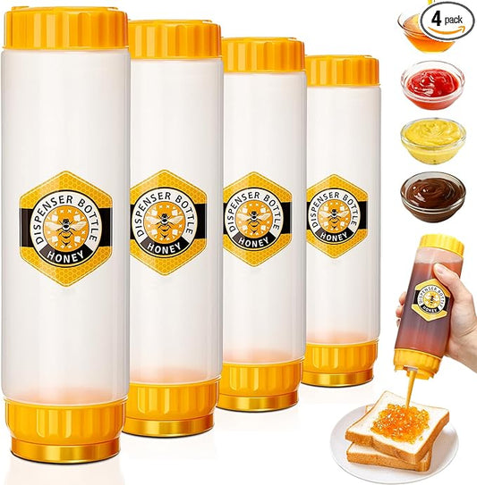 SiliFine 4 Pcs Honey Dispenser No-drip with Lid, Honey & Syrup Squeeze Bottle, Refillable Condiment Bottle Bpa-free, More Hygienic for Sauces Ketchup Kitchen Pancakes Salad Dressings (24 oz)