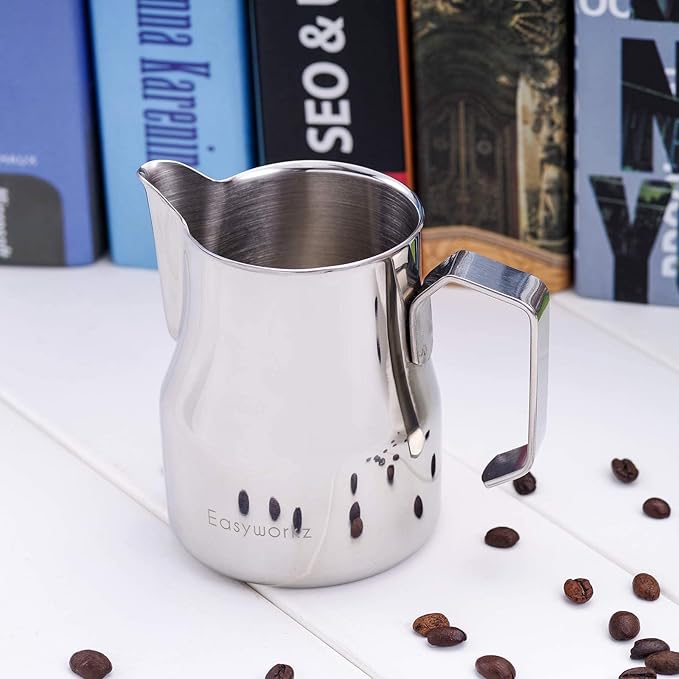 Easyworkz Stainless Steel Espresso Cup 2pcs Set Double Wall 5 oz, Bundled Espresso Steaming Pitcher Stainless Steel 12 oz Coffee Frothing Picther Milk Jug Cappuccino Latte Art Cup