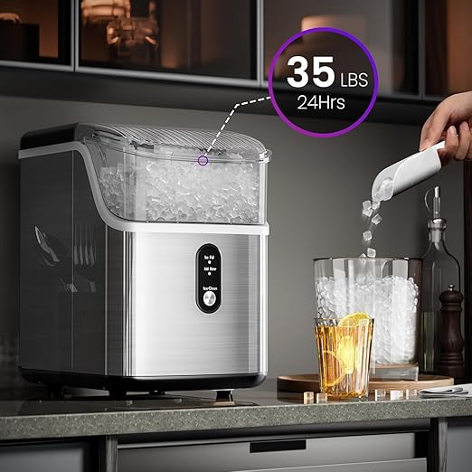 Nugget Ice Makers Countertop,Portable Ice Machine with Crushed Ice, 35lbs/Day,Self-Cleaning,One-Click Operation for Home Use(Silver)