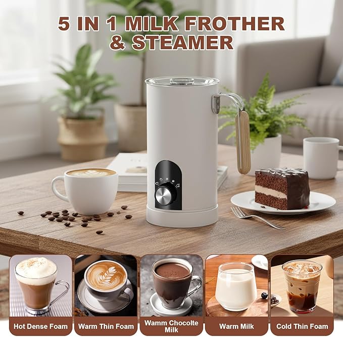 5 in 1 Electric Milk Frother Automatic Hot & Cold Foam Maker Auto Shut-Off Durable Detachable Milks Frother Fast Frothers Safe BPA Free Easy to Use and Clean for Heated Milks, Matcha (White)