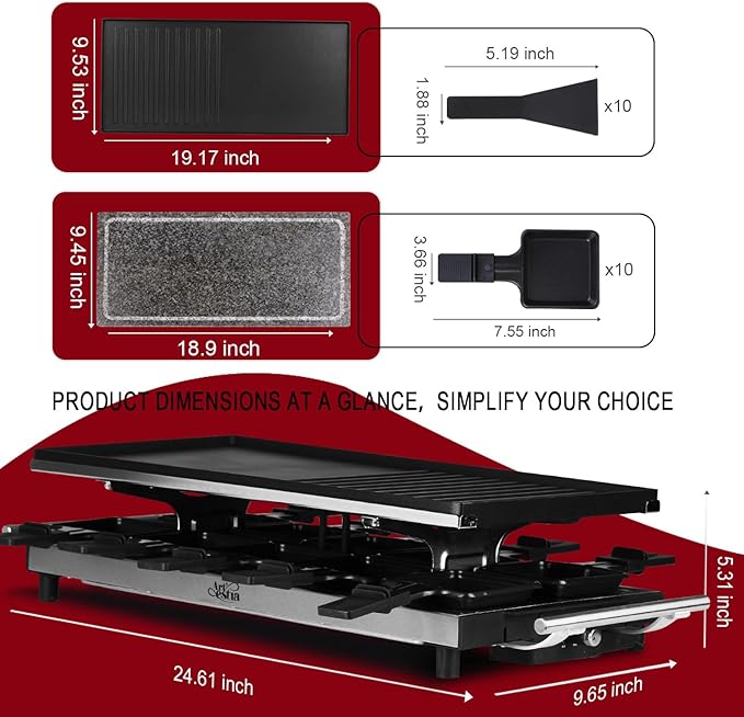 Artestia 1500W Large Size Raclette Cheese Grill Adjustable Temperature Korean BBQ Grill, Cheese Raclette with Grill Stone and Food-Grade Ceramic Glaze Reversible Aluminum Plate for Parties Family
