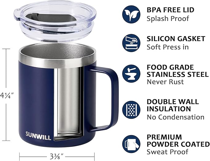 SUNWILL Insulated Coffee Mug with Lid, Travel Tumbler with Handle, 14oz Stainless Steel Cup for Camping, Office, Home, Powder Coated Navy Blue