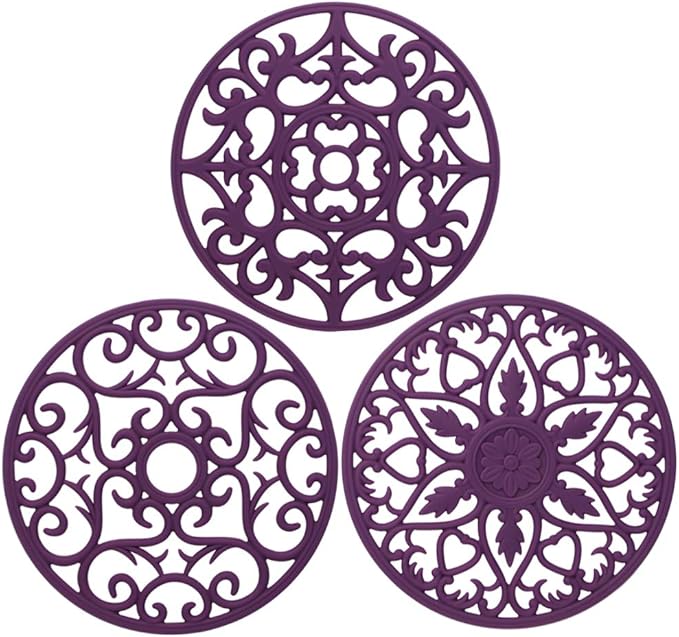 ME.FAN Trivets for Dishes/Pots/Pans, 3 Pcs Silicone Mats, Flexible/Durable/Non Slip Hot Pads to Protect Table and Counter Top (Purple)