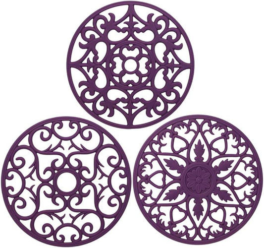 ME.FAN Trivets for Dishes/Pots/Pans, 3 Pcs Silicone Mats, Flexible/Durable/Non Slip Hot Pads to Protect Table and Counter Top (Purple)