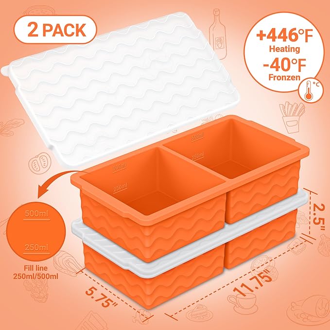 Aopigavi Silicone Freezer Tray with Lid – 2-Cup Soup Freezer Container Molds, Large Ice Cube Trays for Freezing Soup, Sauce & Broth, Meal Prep & Food Storage – Oven & Dishwasher Safe, 2-Pack