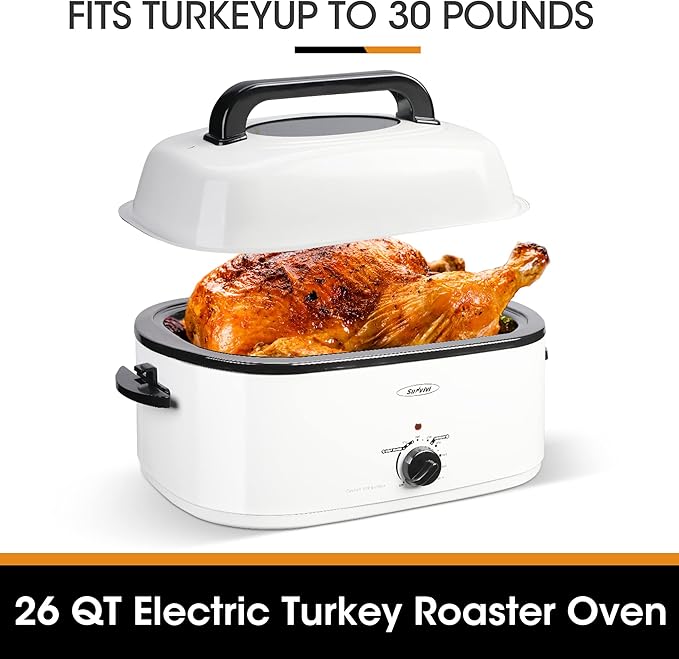 Sunvivi 26-Quart Roaster Oven, Electric Roaster Oven with Viewing Lid, Sunvivi Turkey Roaster with Unique Defrost/Warm Function, Large Roaster with with Removable Pan & Rack, Stainless Steel, White