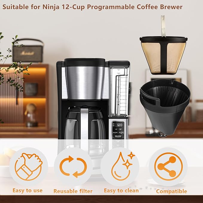 Permanent CE250 CE251 Filter Basket Holder & Gold Tone Filter Set，Compatible with Ninja 12-Cup Programmable Coffee Brewer CE200, CE200BRN, CE200C, CE201, CE201BRN, CE201C