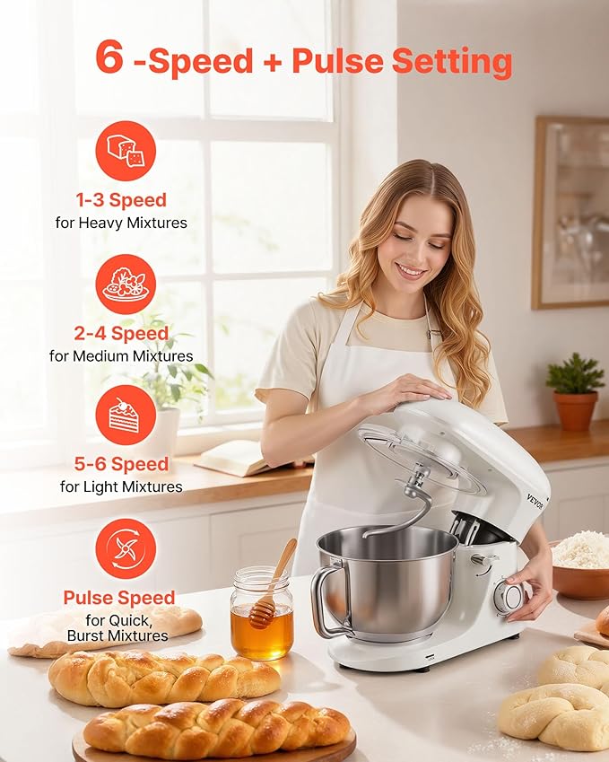 VEVOR Stand Mixer, 6 QT Dough Mixer, 660W 6 + P Speeds Tilt-head Food Mixer with Stainless Steel Bowl, Dough Hook, Wire Whip, Flat Beater, Scraper, Household Stand Mixer for Baking & Mixing, White