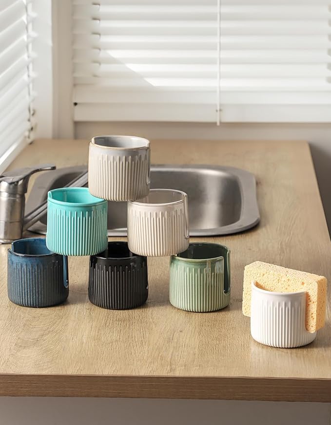 Ceramic Sponge Holder for Kitchen Sink, Scrub Sponge Dish Rack, Farmhouse Compact Sink Caddy Organizer, Glazed White