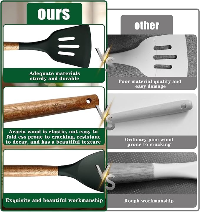 Miusco Non-Stick Silicone Cooking Utensils Set with Natural Acacia Hard Wood Handle, 5 Piece, High Heat Resistant (Green)