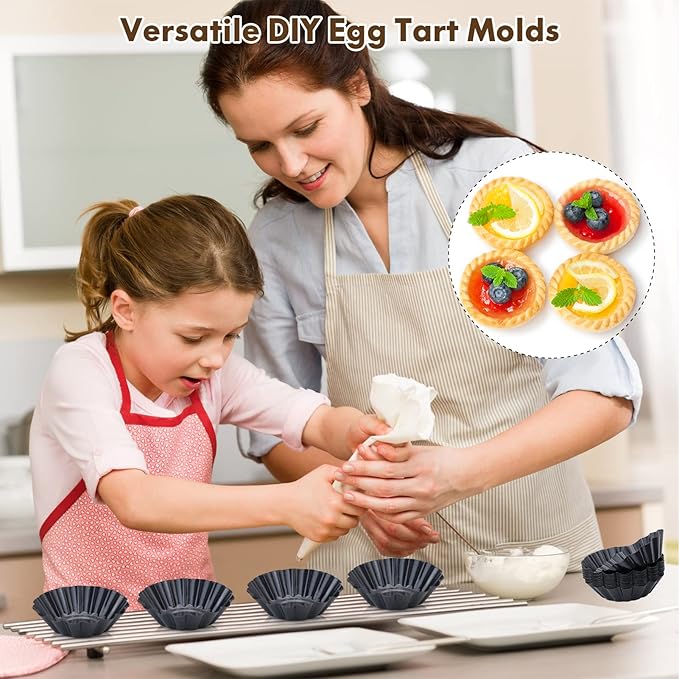 RICHSC-PAN Egg Tart Molds, 12 PCS Non-Stick Very Mini Tart Pans, Mini Tart Mold 3 InchTop, 1.7 Inch Bottom, 0.9Inch High, Carbon Steel, Kitchen Reusable Baking Tools.