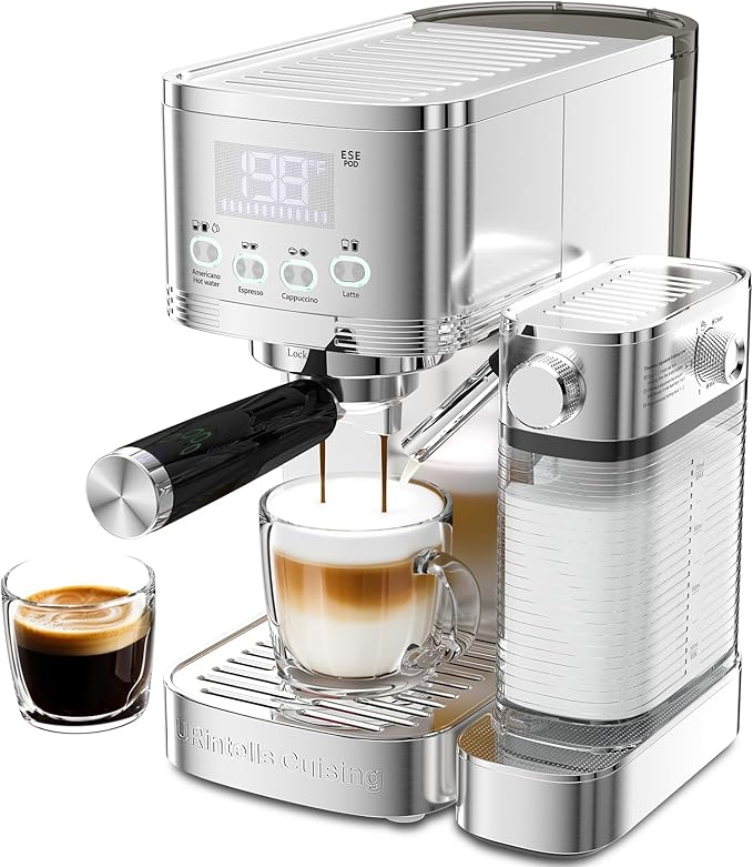 Espresso Machine 20 Bar Temperature Time LED Display Espresso Maker with Stepless Adjustable Automatic Milk Frother for Cappuccino Latte Americano Stainless Steel Coffee Machine with ESE Pod Filter