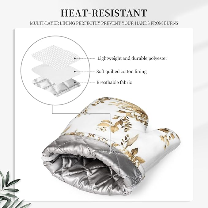 Brown Eucalyptus Oven Mitts and Pot Holders Set, 4pcs Silicone Watercolor Plant Leaves with Floral Oven Glove for Kitchen Heat Resistant Oven Mitts and Potholders Non-Slip for Cooking