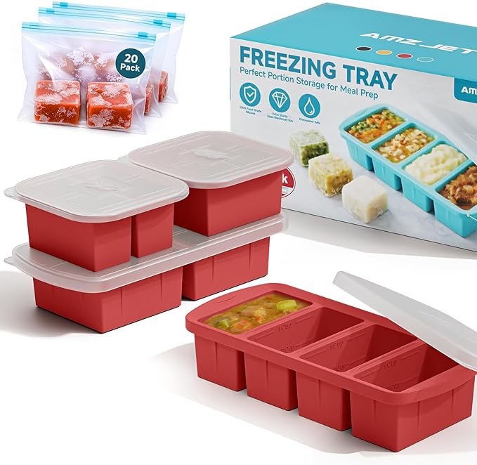 4 Pack Silicone Freezer Trays with Lid - Multi-Size 1-Cup & 2-Cup Portions, Food-Grade Silicone Freezer Molds for Soup & Meal Prep - Large Freezer Storage Containers, Oven & Dishwasher Safe - Red