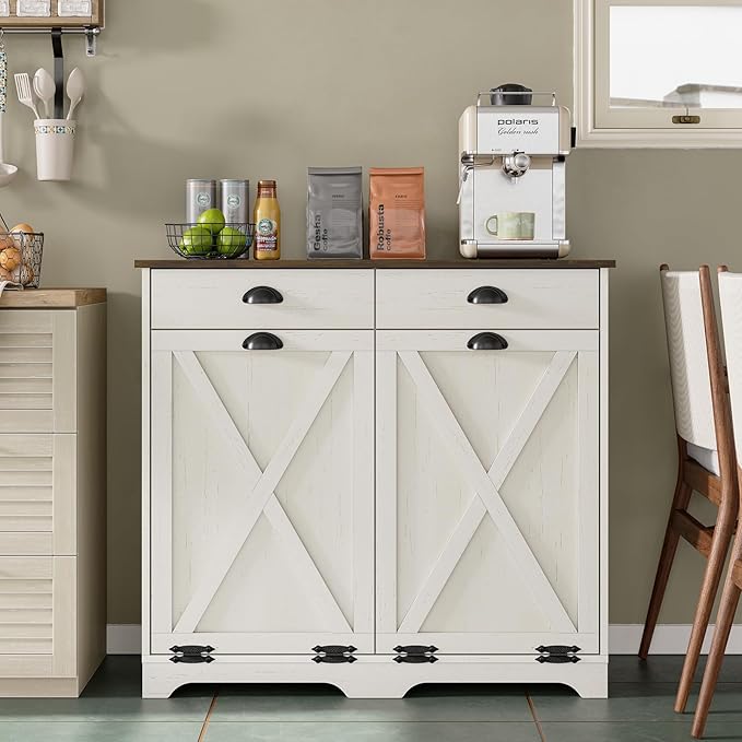 Furniouse Farmhouse Trash Can Cabinet, Double Tilt Out Trash Bin Cabinet with Barn Doors & Hideaway Drawers for Kitchen, Antique White