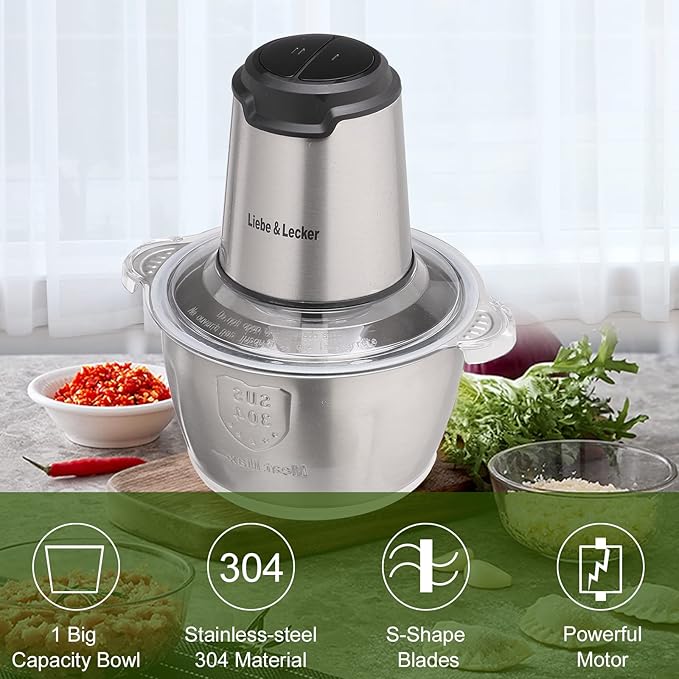 Liebe&Lecker Food Processor, Meat Grinder with 1 Bowl 8 Cup, Electric Food Chopper with 4 Large Sharp Blades for Meat, Fruits, Vegetables, Baby Food, Nuts, 2 Speed