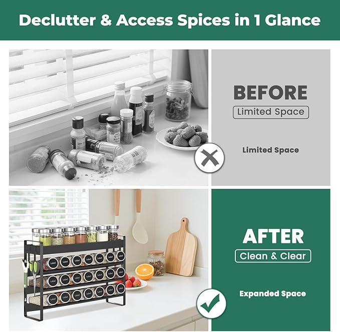 EsLuker.ly Spice Seasoning Rack Organizer Kitchen Countertop, 4 Tier Bamboo Spice Shelf Holder Storage with 4 Hooks, Wall Mounted Freestanding Stand for Pantry, Black (Jars Not Included)