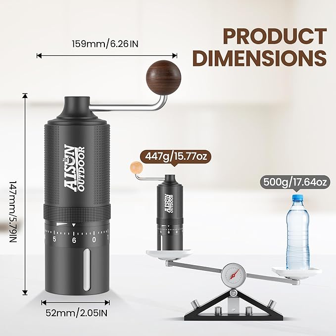 Portable Manual Coffee Grinder with Ceramic Conical Burr, Stainless Steel Axle & Handle, Adjustable Settings & Anodized Aluminum Body for Outdoor, Travel, Espresso and Home Use