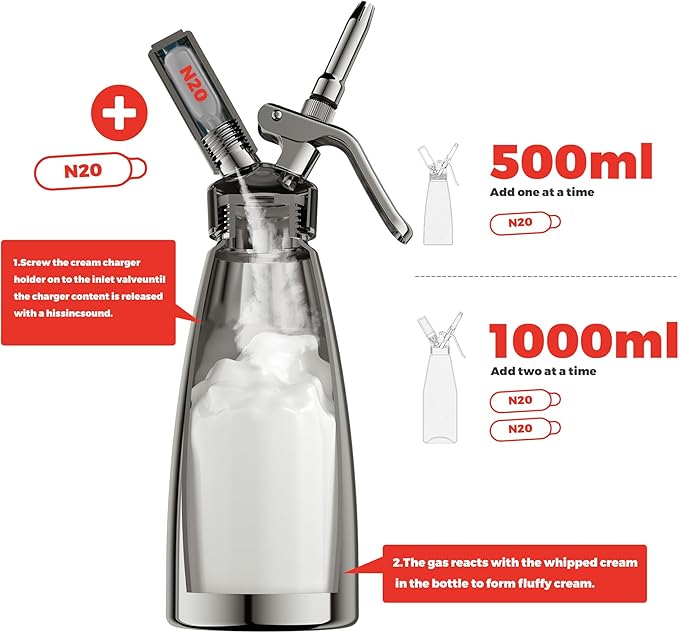 Professional Aluminum Whipped Cream Dispenser - 500 mL/1 Pint,Leak-Free Whipped Cream Maker Canister with 8 Decorating Nozzles & Cleaning Brush - N2O Chargers (Not Included) (Silver, 500ml)