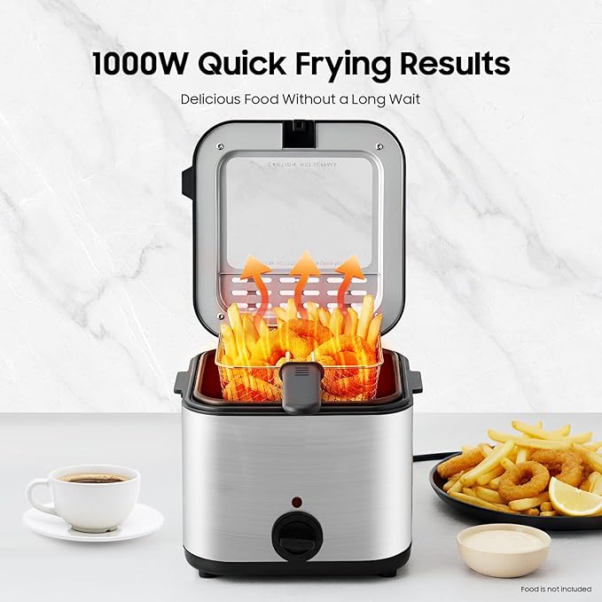 1000W Deep Fryer with Basket, 2.64QT Stainless Steel Electric Deep Fryer for Home Use, Fryer with Adjustable Temperature 176-374°F & Detachable Basket for Chicken, French Fries, Shrimp, Donuts