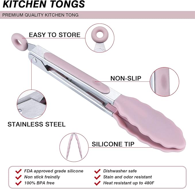 MSY BIGSUNNY Kitchen Food Tongs - 7" Mini Silicone Serving Tongs - Set of 3 (Pink)