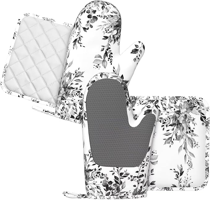 Black and White Eucalyptus Oven Mitts and Pot Holders Set, 4pcs Silicone Grey Watercolor Plant Leaves Oven Glove for Kitchen Heat Resistant Oven Mitts and Potholders Non-Slip for Cooking