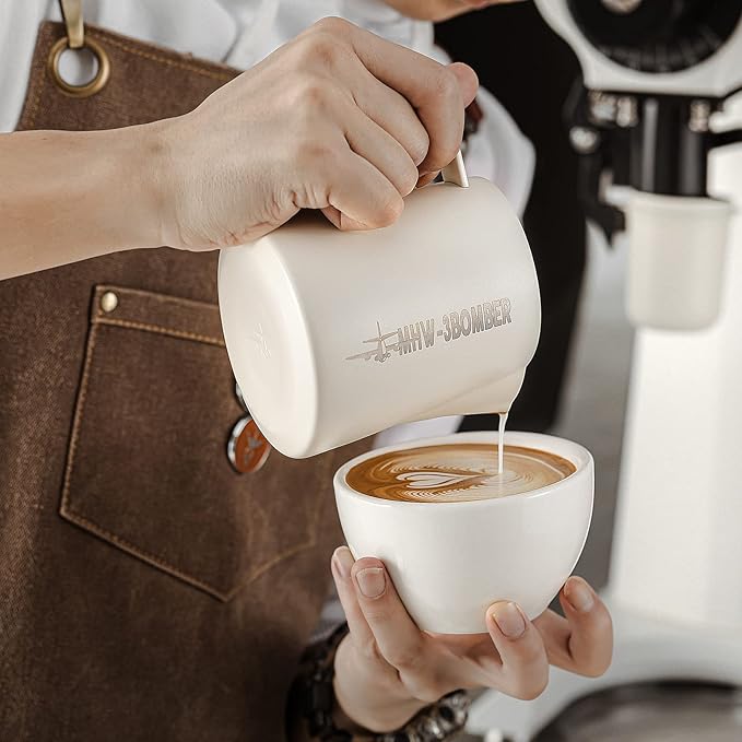 MHW-3BOMBER Latte Art Pitcher Stainless Steel Milk Frothing Pitcher Steamed Espresso Cup Barista Essentials (Cream White, 16.9oz/500ml) P5020W