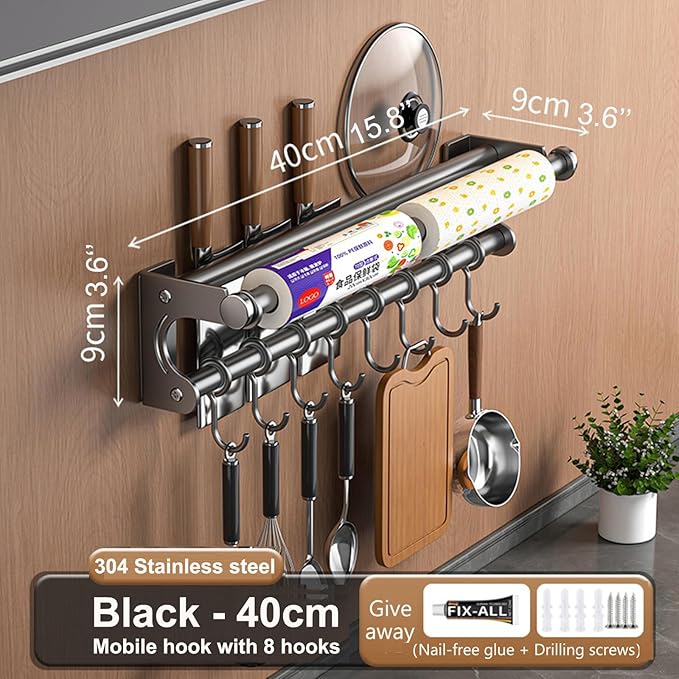 Hanging Wall Mount Knife Wall Mount,Kitchen Utensil Hanger,Space-Saving Kitchen Utensil Rack with Hooks,Kitchen Storage Shelf for Utensils Spatula Spoon, Easy to Clean (Grey, 40CM+8Hook)