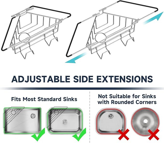 NiHome Extendable Arm Stainless Steel Kitchen Sink Corner Caddy, Easy Install Space-Saving Adjustable Sponge Holder for Most Square Standard Sinks, Non-Slip Rust-Resistant for Brushes, Soap, Sponges