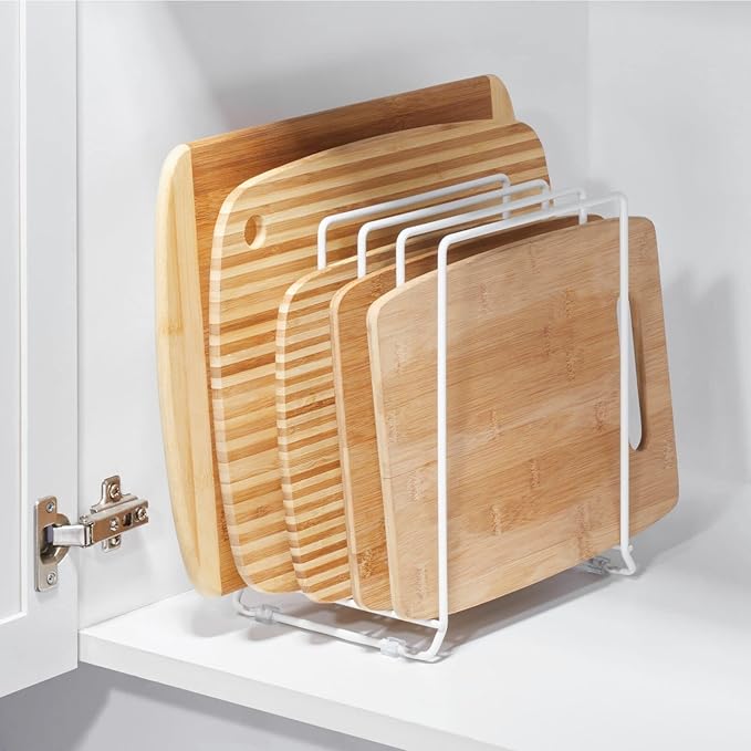 mDesign X-Large Steel Storage Tray Organizer Rack for Kitchen Cabinet - Divided Holder with 5 Slots for Skillets, Frying Pan, Pot Lids, Cutting Board, Baking Sheets - Concerto Collection - White