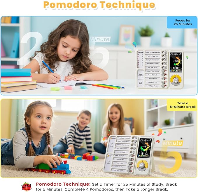 5 IN 1 Visual Timer for Kids/Adults with Chore Chart, ADHD Tools 12/24H Silent Task Timer and Pomodoro Timer, ADHD & Autism Sensory Products, Visual Schedule for Kids Back to School Supplies Off-white