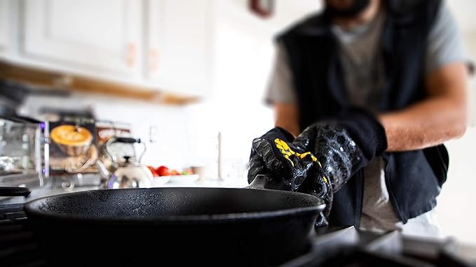 J H Heat Resistant Oven Glove:EN407 Certified 932 °F, 2 Layers Silicone Coating, Oven Mitts for Cooking, Kitchen, Fireplace,Camping, Grilling (Black/Yellow, Mitten)