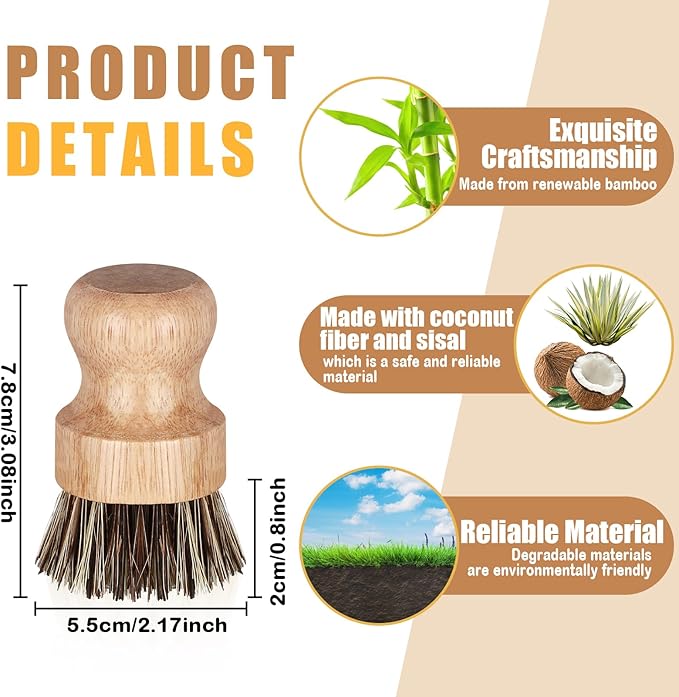 Nuenen 6 Packs Bamboo Dish Scrub Brushes Wooden Scrubbers Set Kitchen Dishwashing Scrubber with Natural Sisal Bristles for Iron Pot Pan Sink (Sisal and Coconut Palm)