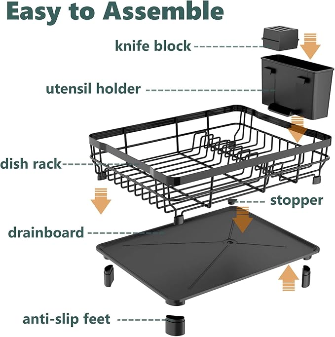 AIDERLY Iron Dish Drying Rack with Drainboard Dish Drainers for Kitchen Counter Extendable Spout Strainers with Utensil Holder and Knife Slots, Black