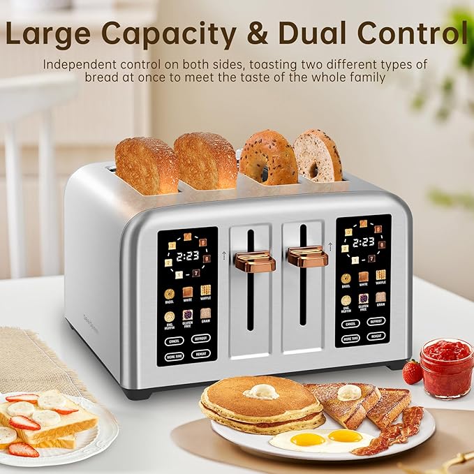 SEEDEEM Toaster 4 Slice, Stainless Steel, Touch Screen for Dual Control, Digital Timer, Smart Toaster with 6 Bread Type, 7 Shade Setting, 1.5''Wide Slot, Removable Crumb Tray, 1800W, Silver Metallic