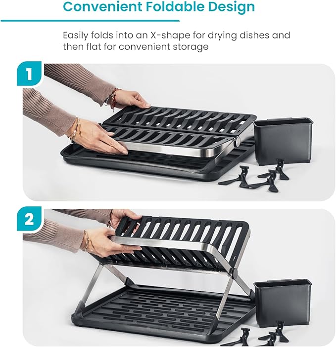 Home Zone Living Foldable Dish Drying Rack with Removable Utensil Caddy and Drip Tray