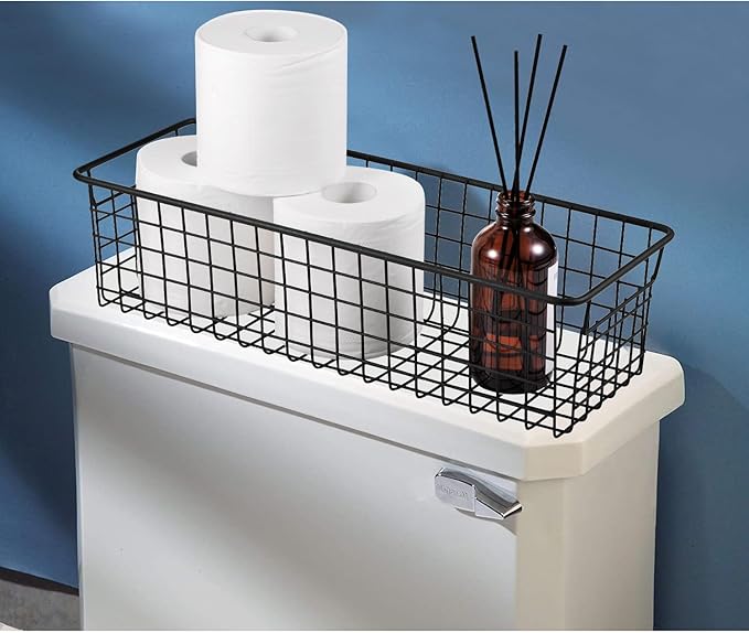 Sheechung Farmhouse Decor Metal Wire Storage Organizer Bin Basket(2 Pack) - Rustic Toilet Paper Holder - Storage Organizer for Bathroom, kitchen cabinets,Pantry, Laundry Room, Closets, Garage (Black)