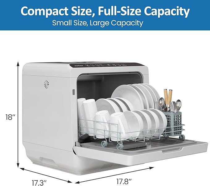 18" Compact Countertop Dishwasher with 6 Modes, Energy Star Portable Dishwasher with Dual Water Supply, 12H Delay Start, Dish Washer with Visible Door, Ideal for Small Homes, Dorms & RV