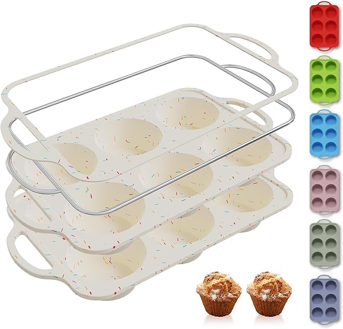 Socisen 2 Packs 6 Cups Silicone Muffin Pan with Metal Reinforced Frame Jumbo Size Cupcake Pan Tray Egg Bites Silicone Circle Cookie Molds Muffin Tin Tart Pans Large Big Baking Sheet Set for Breakfast