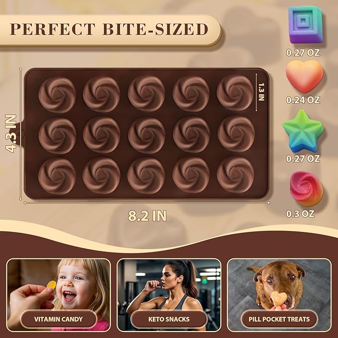 HKNMTT Chocolate Molds Silicone for Hard Candy Butter, 4 Pcs Small Bite Size Heart Star Sqaure Shapes Truffle Caramel Mould, Homemade Wax Melts Food Grade Baking Set Oven Safe Kit