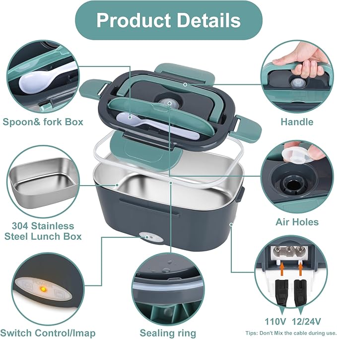 Herrfilk Electric Lunch Box Food Heater, 3 in 1 Ultra Quick Heated Lunch Boxes for Adults, 12V/24V/110V Portable Food Warmer for Car/Truck/Office With Fork Spoon and Insulated Carry Bag