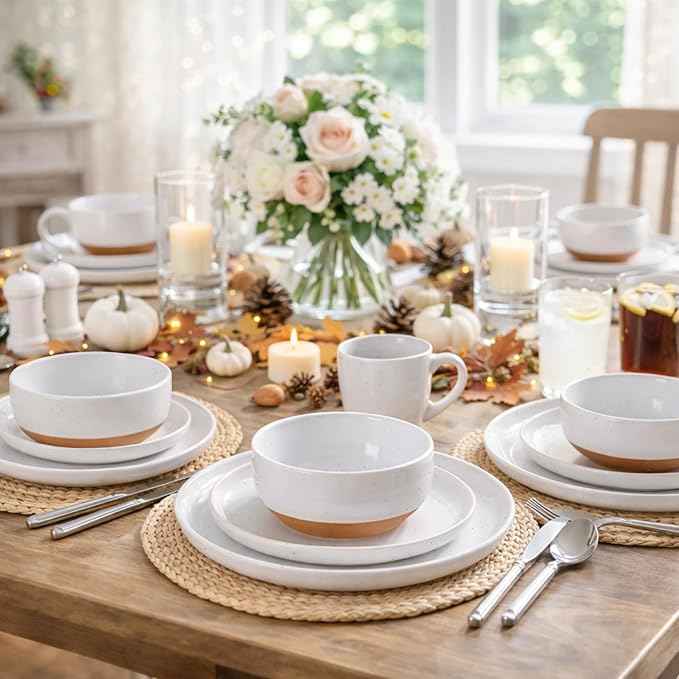 AmorArc Ceramic Dinnerware Sets with Pasta Bowls for 4, Handpainted Plates and Bowls Set with Rustic Terracotta Underside, Scratch Resistant Dishes Set, Dishwasher & Microwave Safe, 16 Pcs