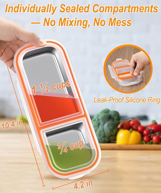 5 Pack Stainless Steel Snack Containers for Kids & Adults - Leek Proof Metal Bento Lunch Box with 2 Compartment - Lunchable Containers for Daycare, School, Work, Travel - Stackable Snack Bento Box